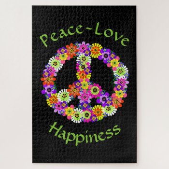 Peace Sign Love & Happiness On Black Jigsaw Puzzle by Mistflower at Zazzle