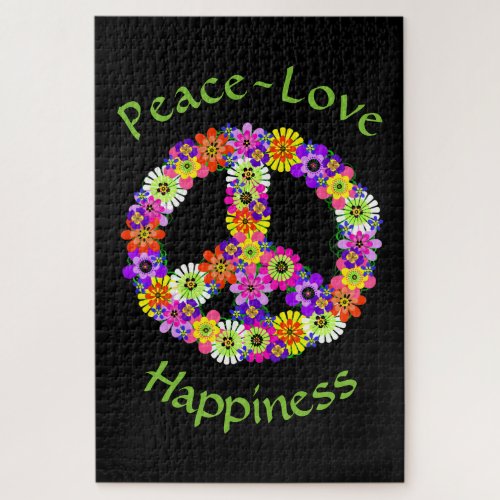 Peace Sign Love  Happiness on Black Jigsaw Puzzle