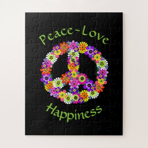 Peace Sign Love  Happiness on Black Jigsaw Puzzle