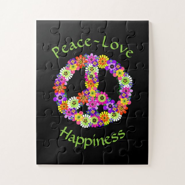 Peace Sign Love & Happiness on Black Jigsaw Puzzle (Vertical)