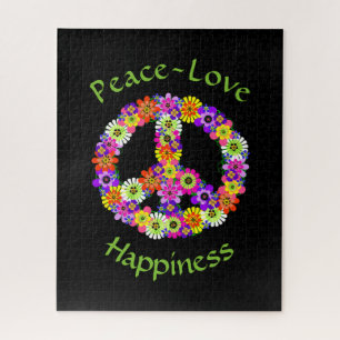 Peace Sign Love & Happiness on Black Jigsaw Puzzle