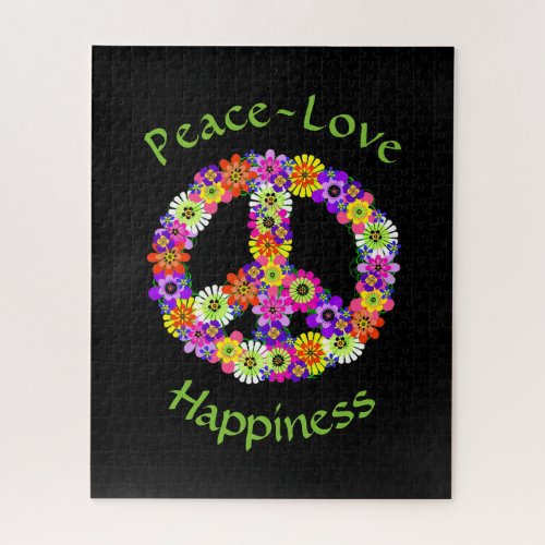 Peace Sign Love  Happiness on Black Jigsaw Puzzle