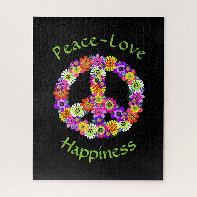 Peace Sign Love & Happiness on Black Jigsaw Puzzle (Vertical)