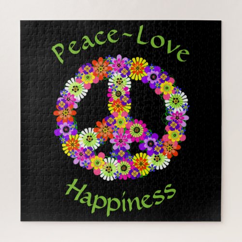 Peace Sign Love  Happiness on Black Jigsaw Puzzle