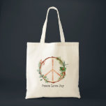 Peace Sign Love Joy Christmas Tote Bag<br><div class="desc">Illustration of wooden peace sign decorated with Christmas botanical designs such as holly berries,  evergreen,  and mistletoe.</div>