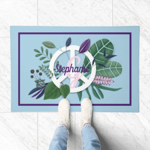 Peace Sign Monogram Floral Blue Modern Unique Doormat