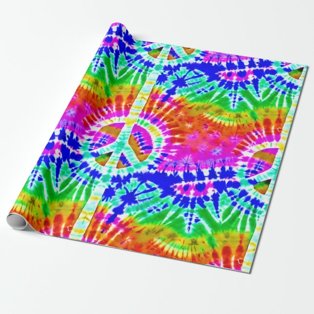 Peace Sign on Colorful Tie Dye Hippie Style  Wrapping Paper (Unrolled)