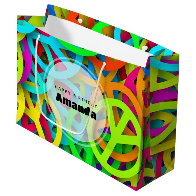 Peace Sign Pattern Groovy Sixties Vibe Birthday Large Gift Bag (Front Angled)