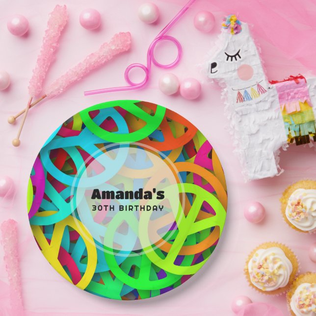 Peace Sign Pattern Groovy Sixties Vibe Birthday Paper Plates (Party)