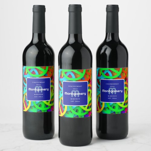 Peace Sign Pattern Groovy Sixties Vibe Wine Making Wine Label