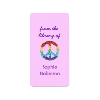 Peace sign personalized bookplate - pink vertical