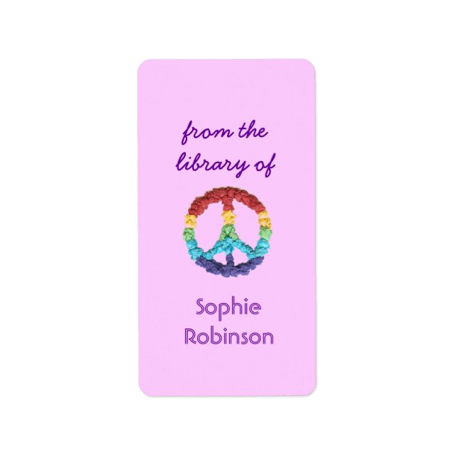 Peace sign personalized bookplate - pink vertical (Front)