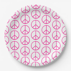 Peace Sign Pink Modern Retro Groovy Paper Plates