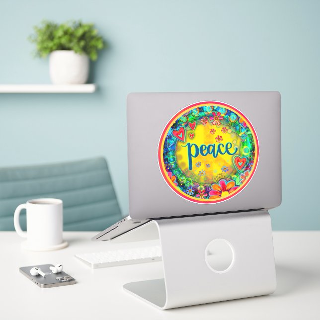 Peace Sign Pretty Floral Yellow Inspirivity Sticker (Laptop On Desk)