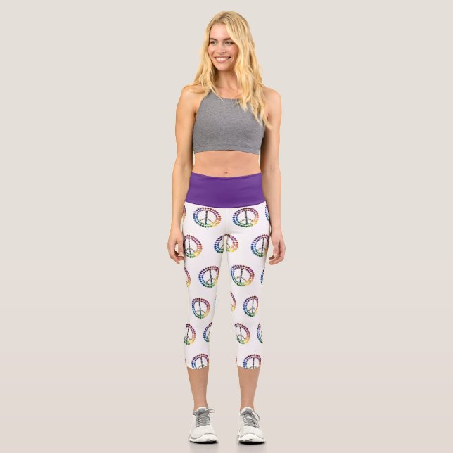 Peace Sign Rainbow Glitter Capri Leggings (Front)