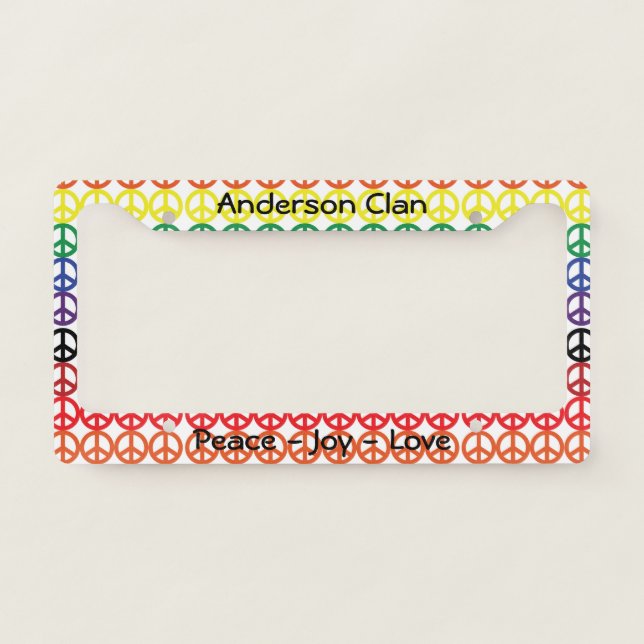 Peace Sign Rainbow on Black Peace Joy Love Name License Plate Frame (Front)