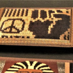 Peace Sign Raised Fist Brown Artisan Crochet Print Tri-fold Wallet