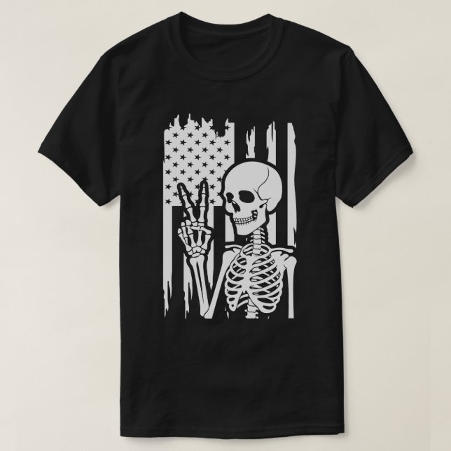 Peace Sign Skeleton with Distressed American Flag T-Shirt (Design Front)