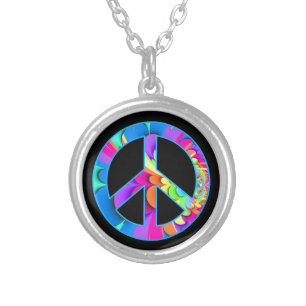 Peace Sign Summer Palette on black Silver Plated Necklace