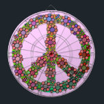 Peace Sign Symbol Flower Pretty Dartboard With Darts<br><div class="desc">A retro peace sign / peace symbol dartboard with tie dye colors and brightly colored flowers / floral pattern over it. A colorful design for proud hippies / lovers of world peace. Pink background color is customizable.</div>