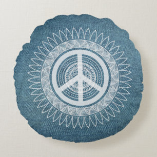 PEACE Sign Symbol Mandala Hippie Daisy Denim Jeans Round Pillow
