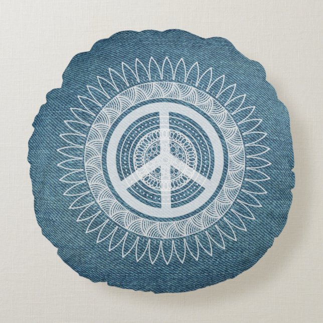 PEACE Sign Symbol Mandala Hippie Daisy Denim Jeans Round Pillow (Front)