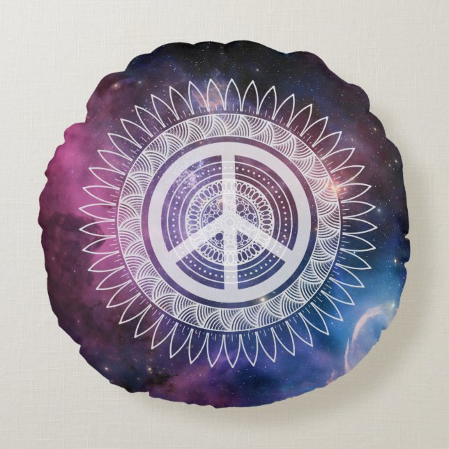 PEACE Sign Symbol Mandala Space Lacy Hippie Space  Round Pillow (Front)