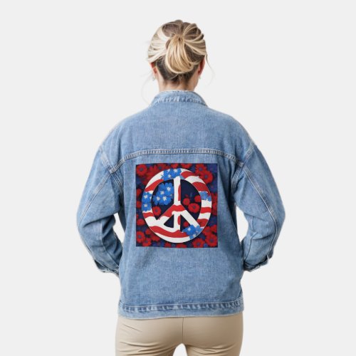 Peace Sign Symbol US Flag Red White  Blue Hippie Denim Jacket