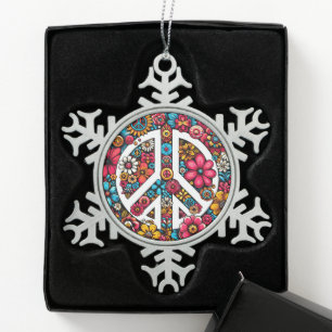 Peace Sign Symbol with flowers  Snowflake Pewter Christmas Ornament