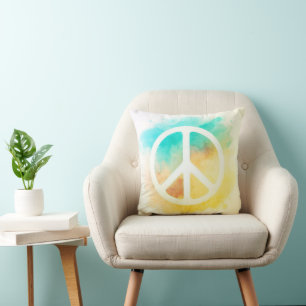 Peace Sign, Teal and Yellow Hue Throw Pillow