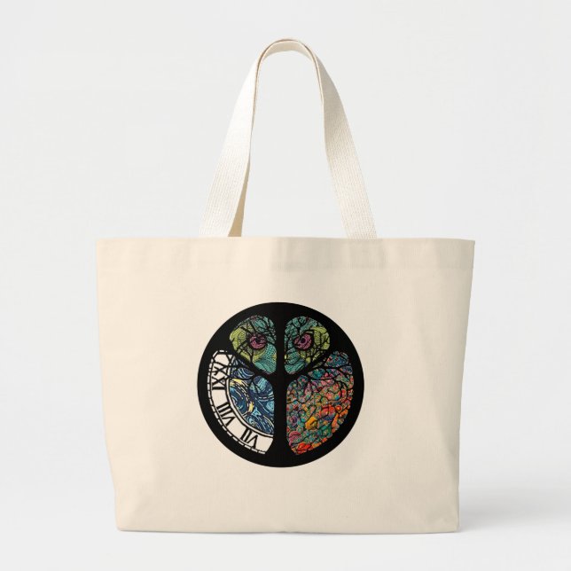Peace Sign Tree Owl Colorful Design Large Tote Bag (Front)