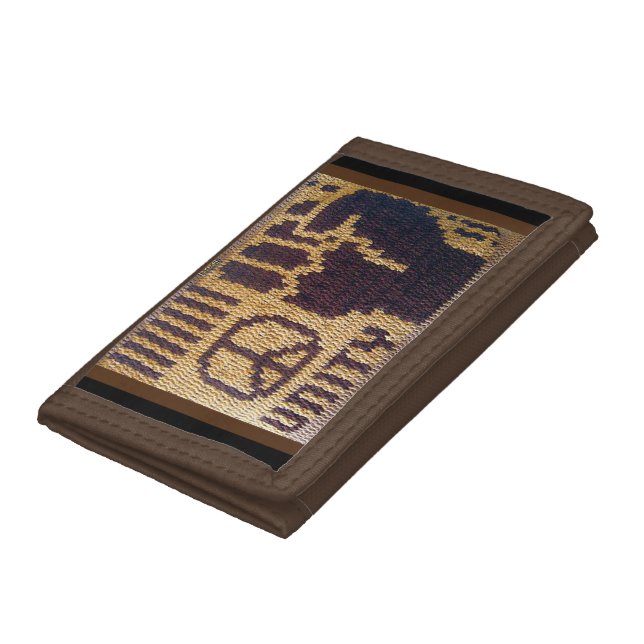 Peace Sign Unity Fist Brown Artisan Crochet Print Trifold Wallet (Bottom)