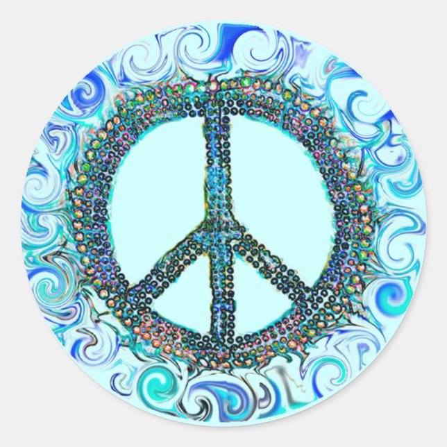 Peace Sign With Blue Waves Classic Round Sticker (Front)
