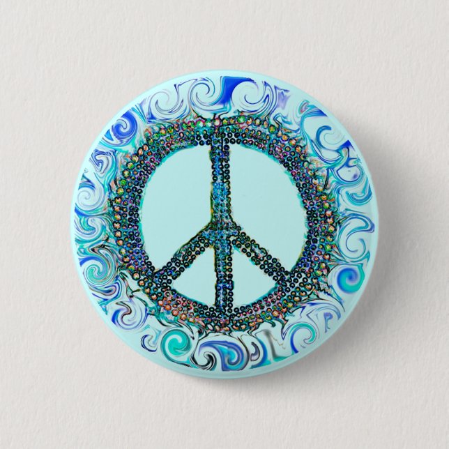 Peace Sign With Blue Waves Pinback Button (Front)