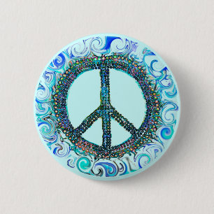 Peace Sign With Blue Waves Pinback Button