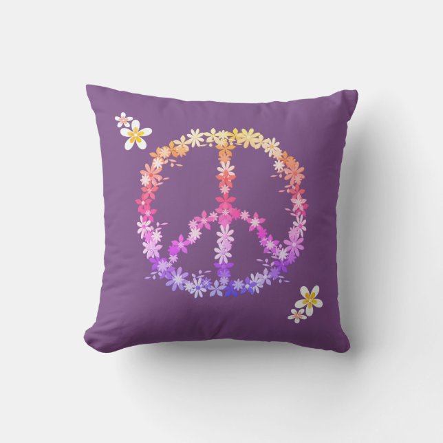 Peace sign with colorful flowers throw pillow (Front)