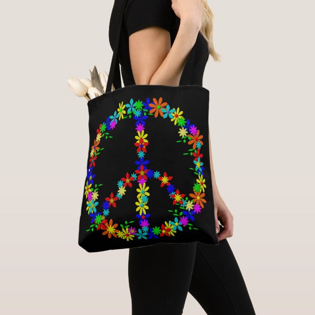 Peace sign with colorful flowers tote bag (Close Up)