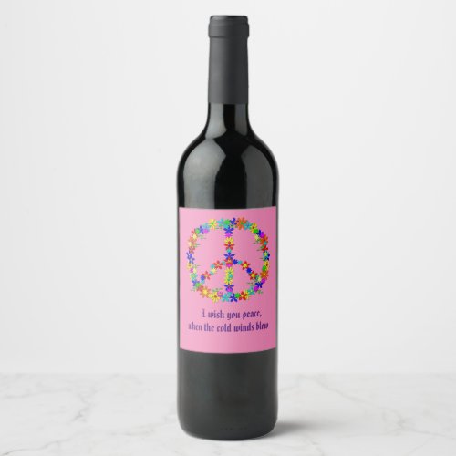Peace sign with colorful flowers wine label