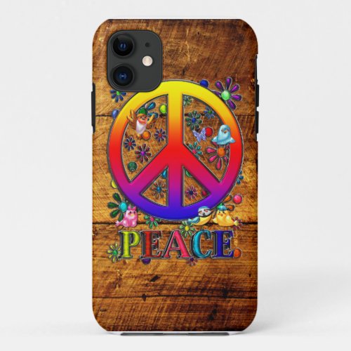 Peace Sign with Flowers  Birds Faux Wood Backgrou iPhone 11 Case