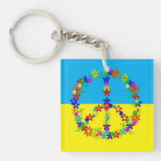 Peace sign with flowers,ukrainian flag button keychain