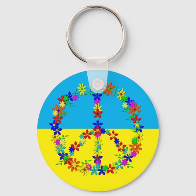 Peace sign with flowers,ukrainian flag  button keychain (Front)