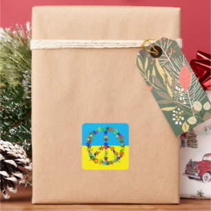 Peace sign with flowers,ukrainian flag  button square sticker