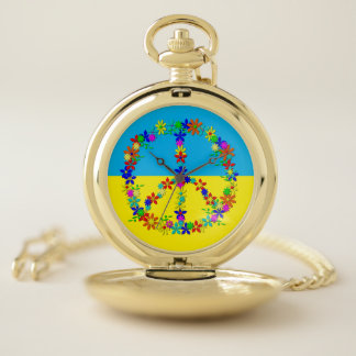 Peace sign with flowers,ukrainian flag button wat pocket watch