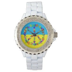 Peace sign with flowers,ukrainian flag button wat watch