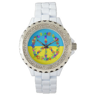 Peace sign with flowers,ukrainian flag button wat watch