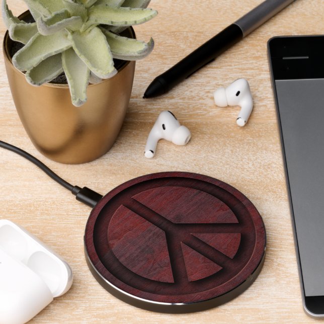 Peace Sign Wood Carved Round Cool Wireless Charger (Desk 2)