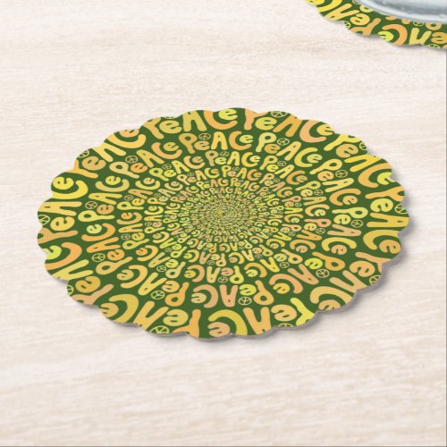 Peace sign word spiral yellow green retro boho paper coaster