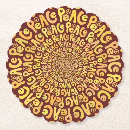 Peace sign word spiral yellow orange burgundy red  paper coaster