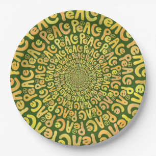 Peace sign word spiral yellow orange dark green paper plates