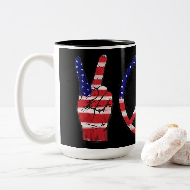 Peace Signs Flag Colors Two-Tone Coffee Mug (With Donut)